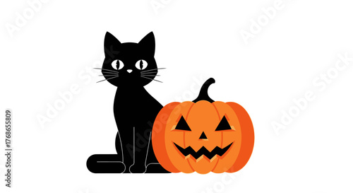 Halloween black cat and carved pumpkin icon on a white background, spooky and festive holiday decoration