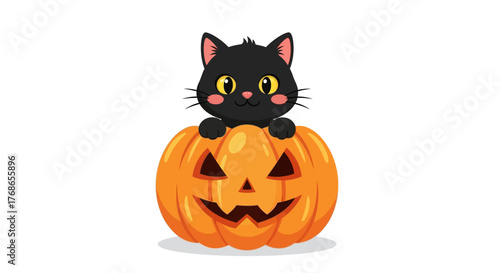 Cute black cat peeking out of a Halloween pumpkin with a carved face, perfect for spooky season designs and decorations