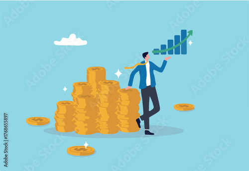 Success investment growth, wealth management, saving or increase income, rich life, earning profit or growing pension fund, prosperity concept, rich businessman with coin stack and growth chart.