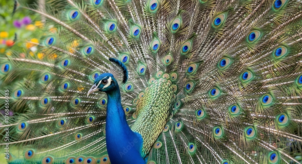 Obraz premium A peacock displays its vibrant blue and green fanned tail feathers