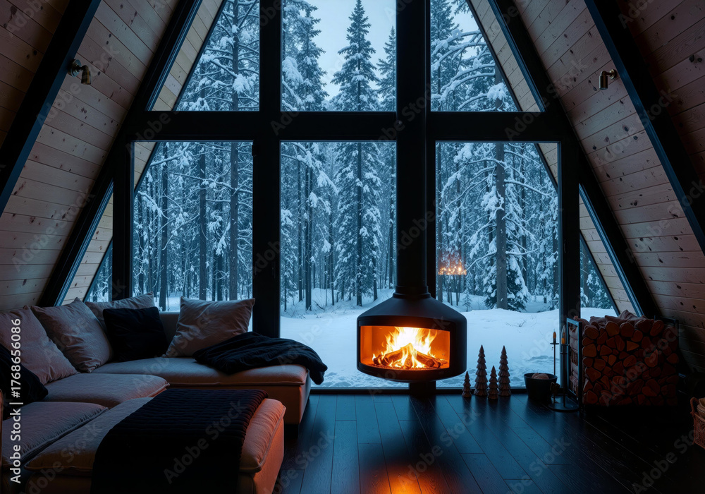 Naklejka premium Cozy a-frame cabin interior seeing snowy winter forest