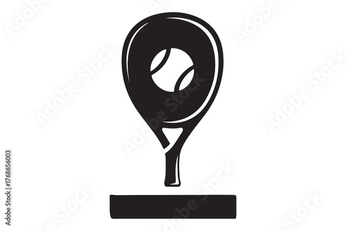 Stylized silhouette of a tennis racket with two tennis balls inside isolated on white background