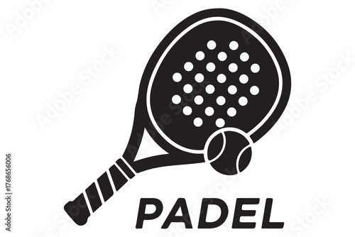 Black silhouette of a padel racket and ball with the word padel isolated on white background