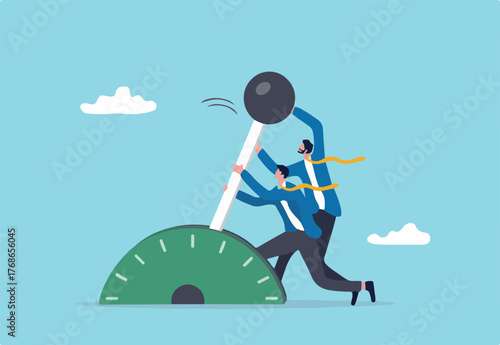 Paradigm shift technology to new business level, control or shifting speed for company growth, transformation and disruption concept, businessman team shifting transmission knob to faster new level.