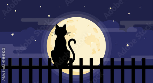 Silhouette of a black cat sitting on a fence under the full moon and starry night sky, illustration