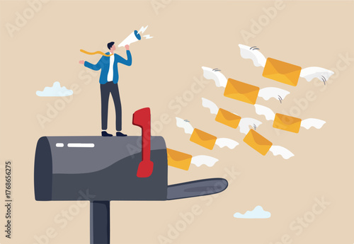 Email communication, subscribe newsletter, sending online envelope e-mail to user mailbox, digital inbox marketing engagement, send or receive notification, envelope email flying to mailbox.