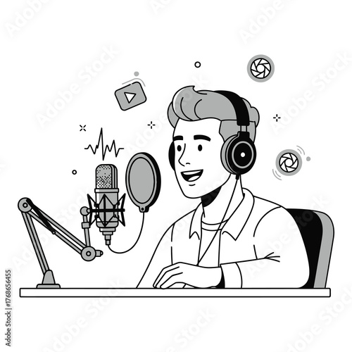 Man recording a podcast in a studio with microphone and headphones vector illustration for audio content creation isolated on white background