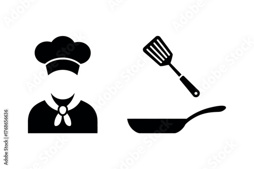 Icon set featuring a chef with a hat, a pan, and a slotted spatula