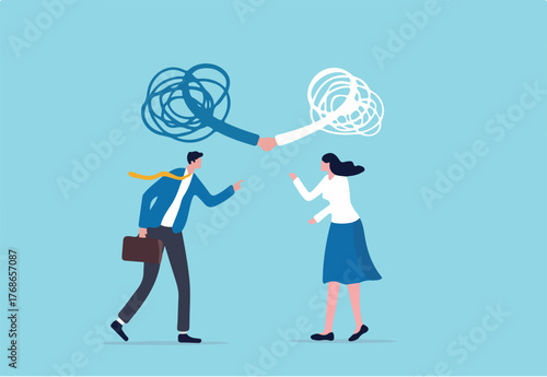 Respect different dissent, accept conflict opinion for work collaborate, professional work discussion concept, businessman and woman fighting or arguing on work with sign of respectful handshaking