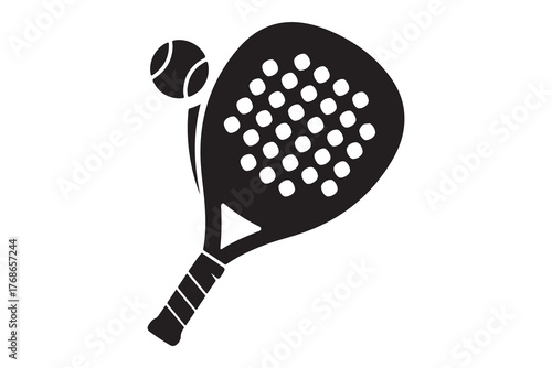 Black silhouette of a padel tennis racket and ball isolated on white background