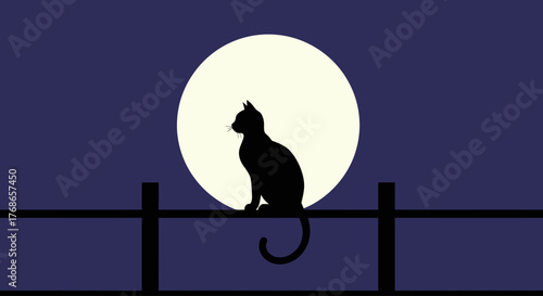 Black cat silhouette perched on a fence against a large full moon on a dark night sky