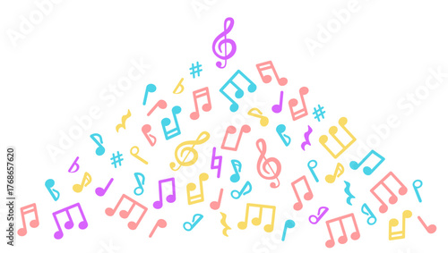 Abstract music pattern of music notes. blue, red. Yellow and white music background.