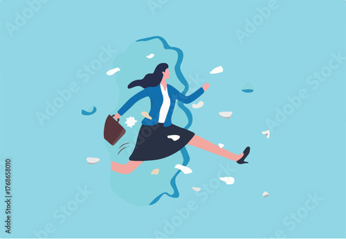 Overcome obstacle or breakthrough wall, courage or determination, woman or gender barrier, female leadership to solve problem, career or comfort zone, courage businesswoman jump breakthrough wall.