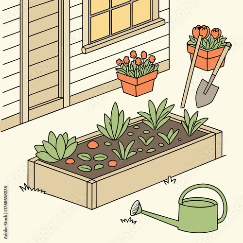 A charming backyard garden scene with a raised bed, potted flowers, gardening tools, and a watering can, evoking a sense of tranquility and the joys of outdoor living