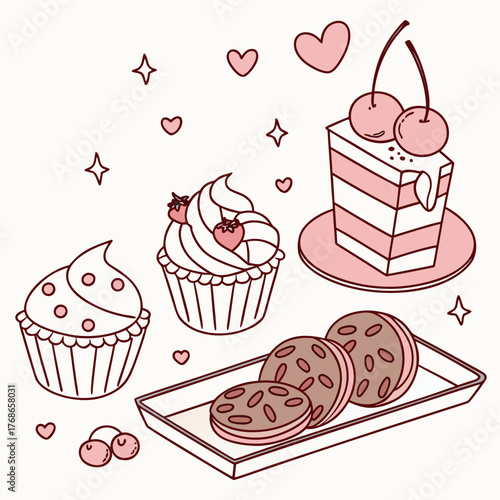 A charming collection of sweet treats, featuring cupcakes with strawberry and polka dot designs, a layered cake with cherries, and cookies on a tray