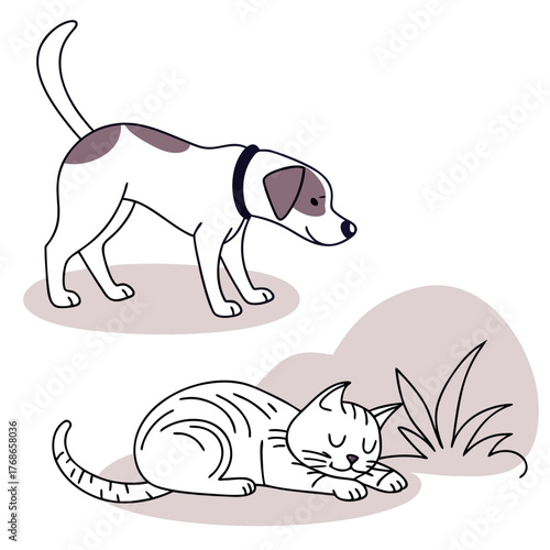 A charming illustration depicts a curious dog and a serene cat, showcasing the contrasting personalities of these beloved pets in a simple yet endearing cartoon style