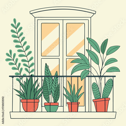 A charming balcony adorned with an array of potted plants, creating a verdant oasis against the backdrop of a window, bringing natures beauty to an urban setting