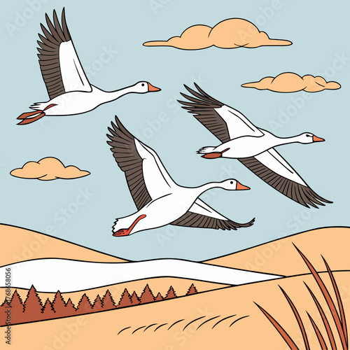 A charming illustration showcases three geese in flight against a serene sky, with rolling hills and sparse trees below, creating a peaceful scene of natures beauty and avian grace