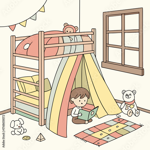 A cozy childrens room with a bunk bed, a reading nook, and a variety of toys, creating a warm and inviting atmosphere for play and relaxation, perfect for a childs imagination