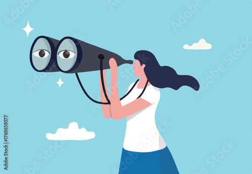 Business woman look through binoculars searching for new job or opportunity, vision or look far ahead to find future opportunity, observe or career success, human resources look for candidate concept.