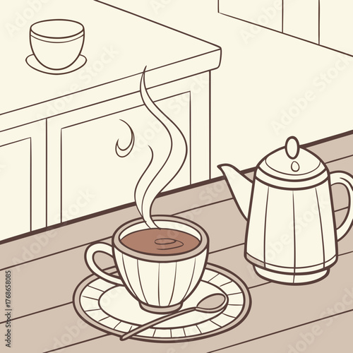 A cozy illustration depicts a steaming cup of tea or coffee with a teapot on a wooden table, set against a warmtoned background, creating a comforting and inviting atmosphere