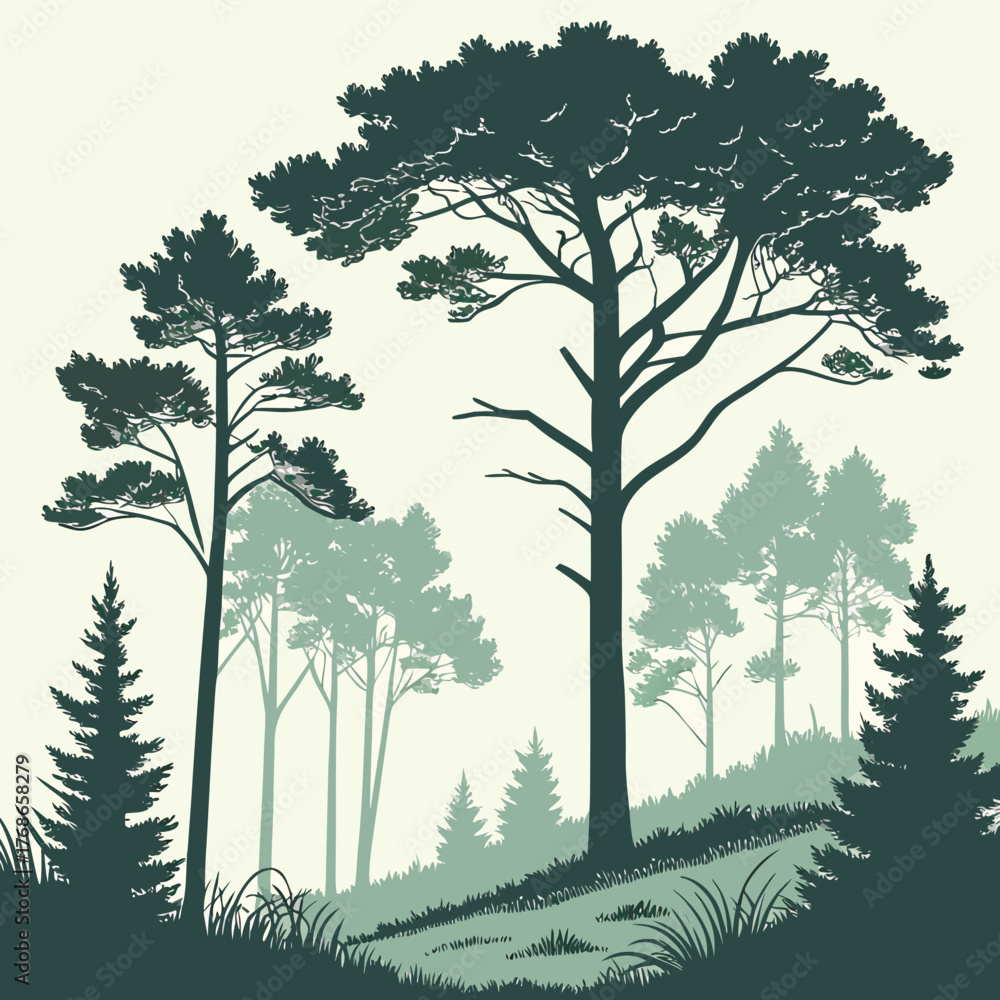Obraz premium A picturesque forest landscape showcasing towering pine trees silhouetted against a soft, neutral background, evoking a sense of tranquility and natural beauty with a hint of mist in the distance