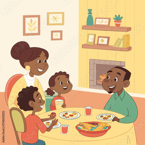 A heartwarming family dinner scene depicts a mother, father, and two children gathered around a table, sharing a meal and creating a sense of togetherness and joy