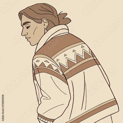 A person with a ponytail and patterned jacket stands with their head tilted down, exuding a sense of introspection and quiet contemplation against a soft beige background