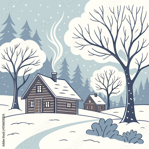 A picturesque winter scene features snowcovered cabins amidst a forest of trees, with smoke rising from a chimney, creating a cozy and inviting atmosphere