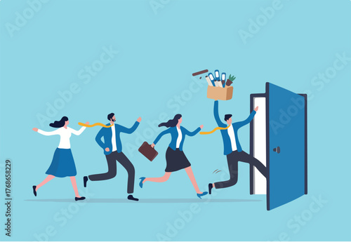 Great resignation, employee resign, quit or leaving company, people management or human resources problem concept, business people employee resign and walk through exit door.	
