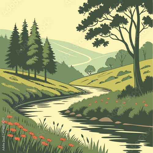 A picturesque landscape featuring a winding river flowing through green hills, adorned with trees and wildflowers, creating a serene and idyllic scene of natural beauty