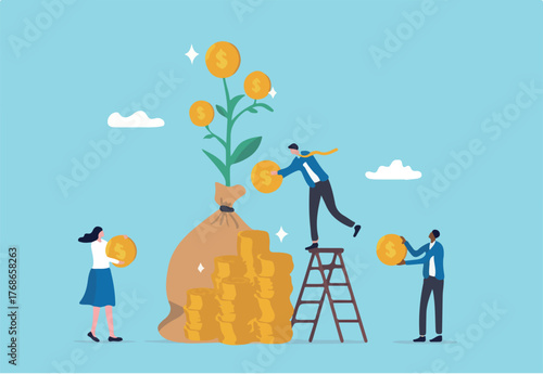 Mutual fund, investment growth or wealth management, financial profit or earning from stock market, savings and growing money concept, people put money on mutual fund with money growing sprout.