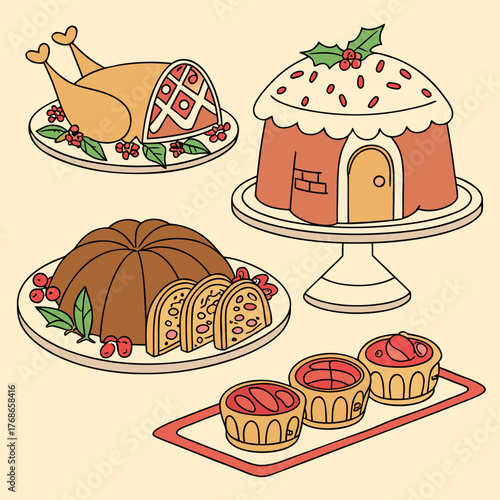Festive illustration of a christmas feast, featuring a turkey, pudding, cake, and tarts, evoking the warmth and joy of holiday gatherings and culinary traditions