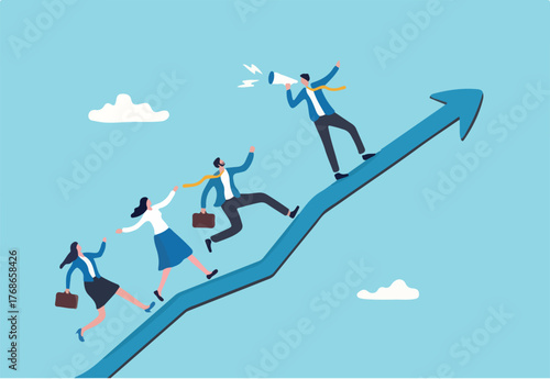 Motivate employee, career improvement or inspiration for self development to success in work, motivation or advice for business growth, businessman with megaphone motivate employees to walk up arrow. 