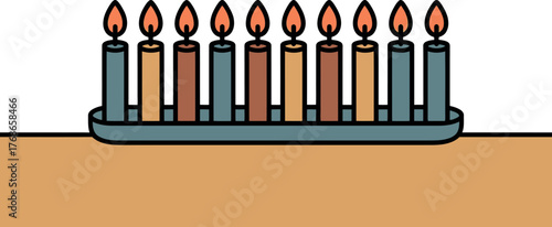 A menorah with ten lit candles sits on a table.