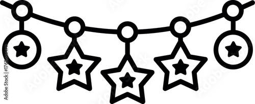 A string of festive decorations featuring stars and circles hangs above.