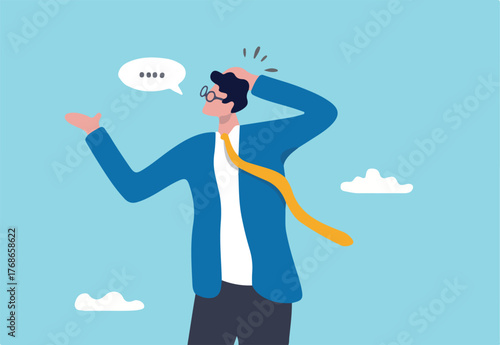 Awkward moment, embarrassment conversation, nervous and clueless at work, dull moment or cannot answer question concept, awkward confused and shrug businessman with helpless speech bubble.