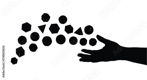 Hand reaching out to catch a stream of abstract geometric shapes, symbolizing creativity and ideas.
