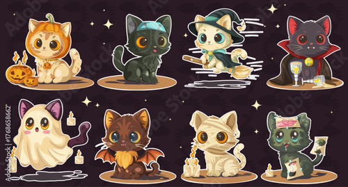 Halloween cats in costumes cartoon set. Perfect for stickers, posters, and seasonal decor. Spooky, cute, and perfect for Halloween lovers!