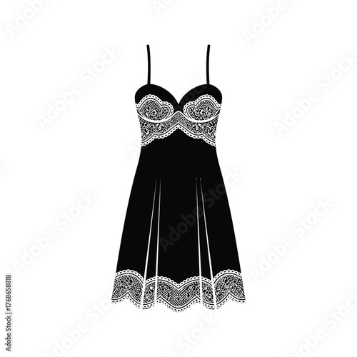 Elegant black lace trimmed babydoll lingerie nightgown with thin straps silhouette
