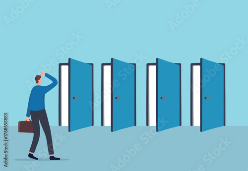 Choosing choices, make decision for career opportunity, alternative pathway, decide for new job or select important chance, right or wrong decision concept, businessman think to choose the right door.