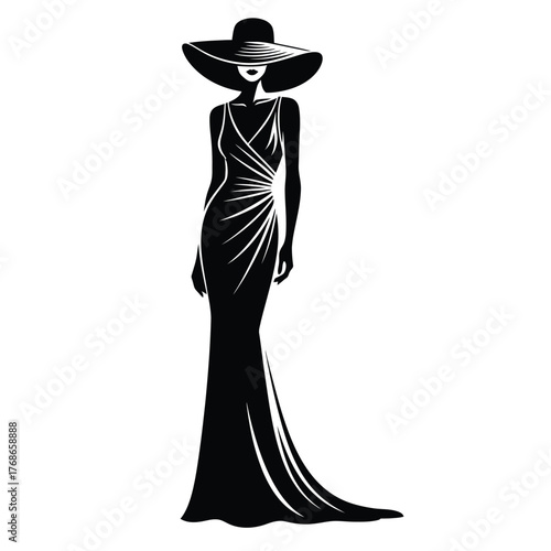 Elegant silhouette of a woman in a glamorous long dress and wide-brimmed hat silhouette