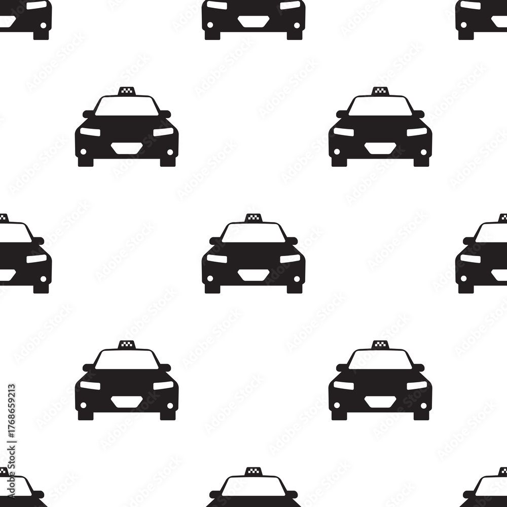Naklejka premium Taxi seamless pattern, black cars on white background. Taxi auto, texture pattern. Wallpaper template. Transport service. Taxi cab, front view, silhouette, passenger vehicle