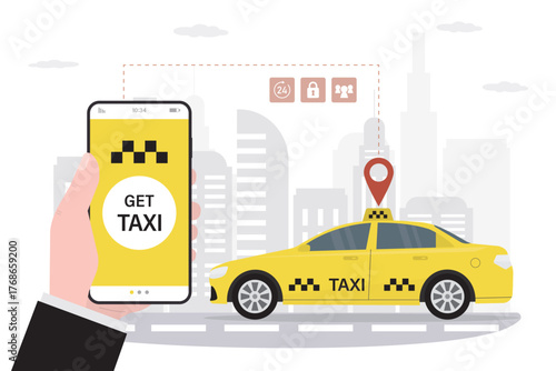 Customer uses mobile phone for ordering taxi, online app. Smartphone user interface with transport service. Yellow cab on city view, passenger vehicle, digital technology