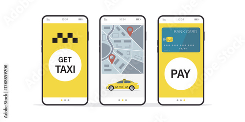Taxi order on mobile phone, app online. Smartphone user interface with transport service. Yellow cab, passenger vehicle, travel automobile application, digital technology.