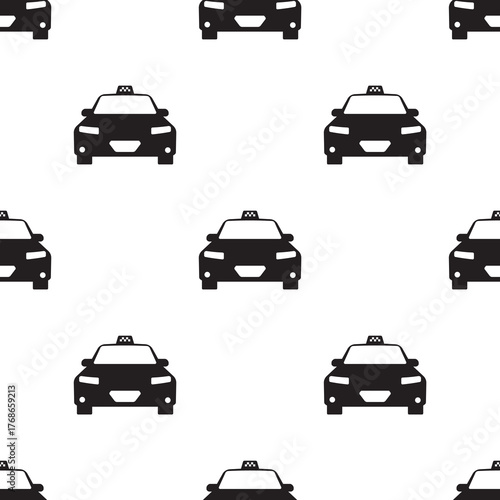 Taxi seamless pattern, black cars on white background. Taxi auto, texture pattern. Wallpaper template. Transport service. Taxi cab, front view, silhouette, passenger vehicle