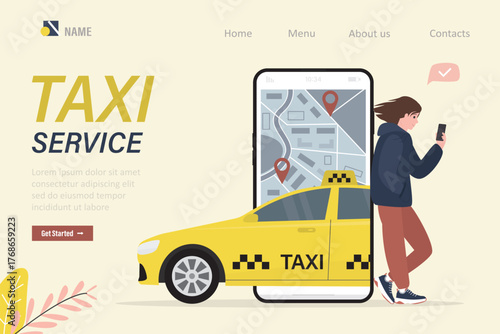 Taxi service, landing page template. Woman customer use mobile phone for ordering taxi, online app. Smartphone user interface with transport service. Yellow cab, passenger vehicle