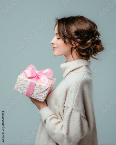 A beautiful happy woman holds a gift in her hands, a beautiful box tied with a pink bow, profile view,


