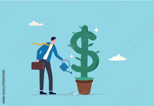 Dividends yield investment, growing profit or stock market earning return, increase money or wealth, success investing, income growth concept, businessman investor watering growth dollar money plant