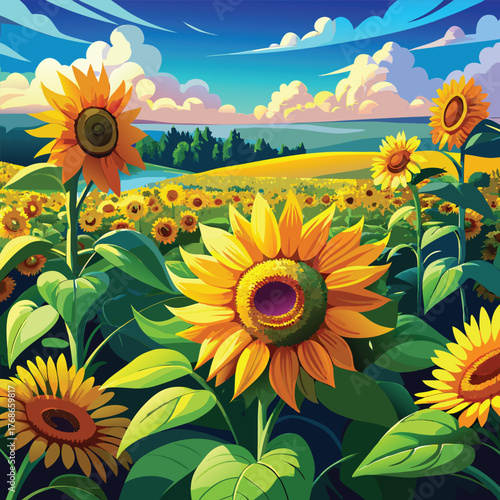 Vibrant Sunflower Field Under Bright Sky: A Summer Day Dream